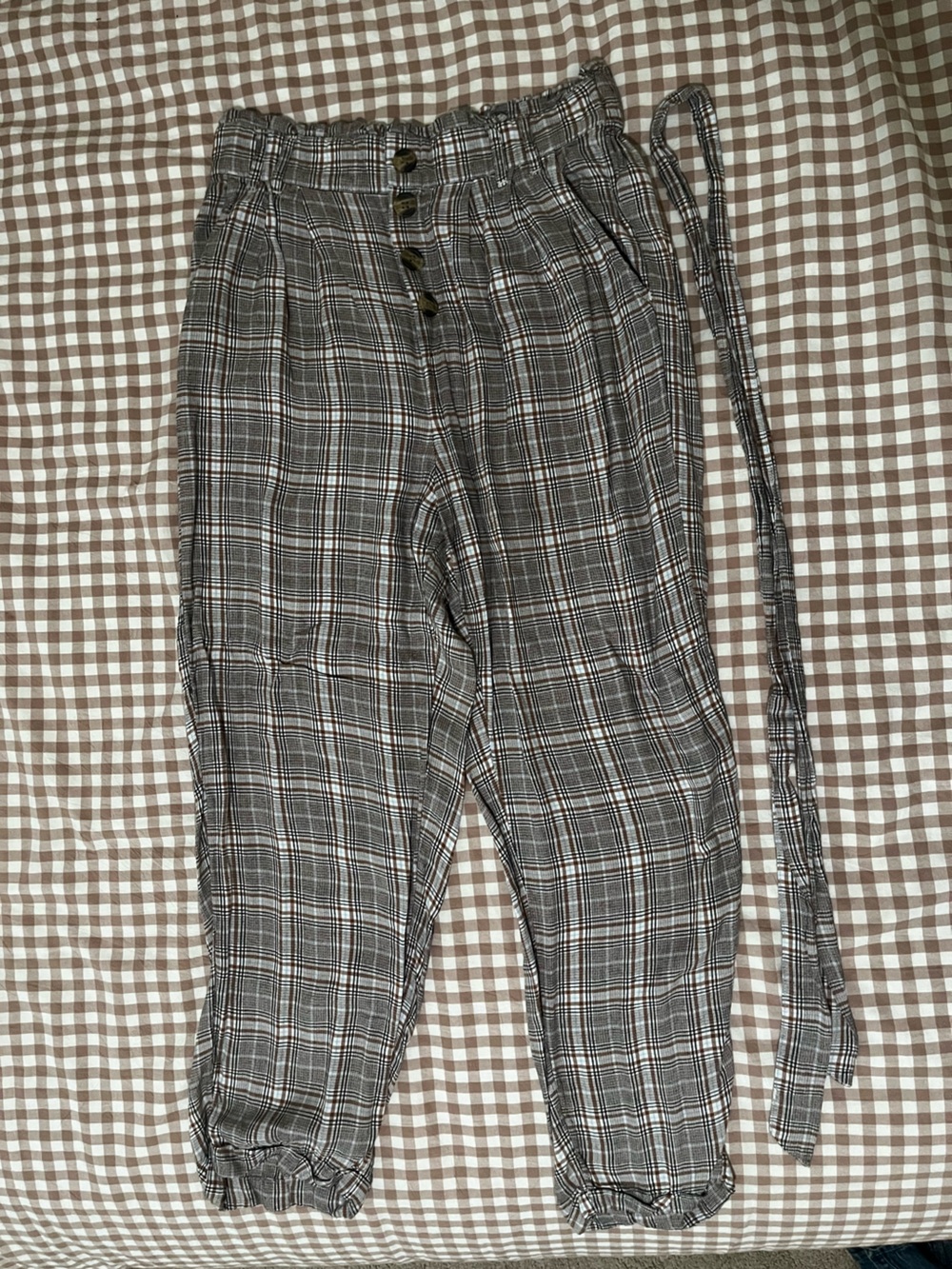 American Eagle Outfitters Brown and Gray Plaid Paperbag Waist Chinos
